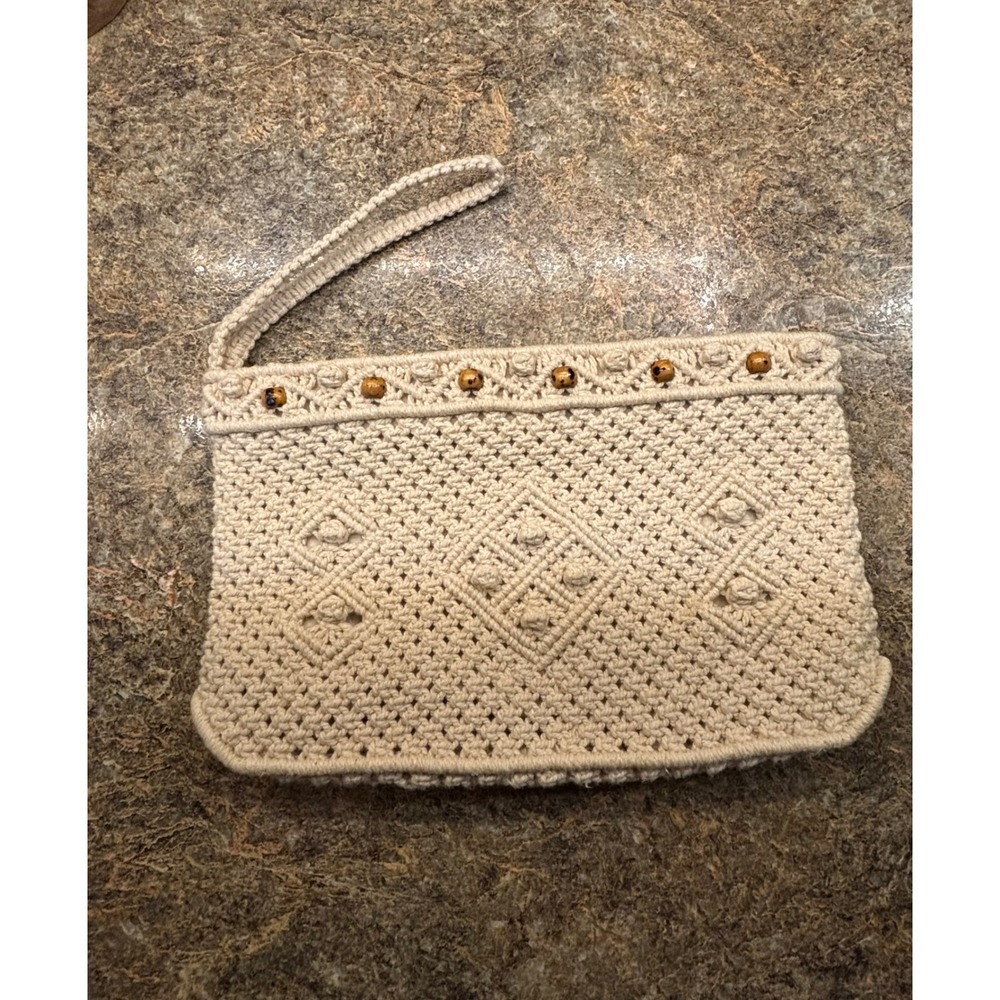 70s Macrame Wristlet Clutch Bag Cream Boho Woven Beaded Diamond Pattern Festival